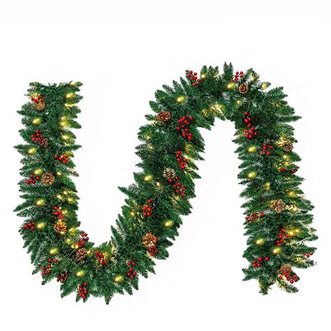 10FT Christmas Garland with 50 LED Lights - Pre-lit Outdoor Xmas ...