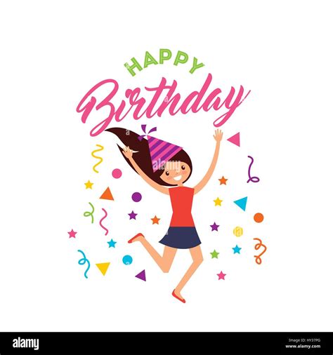 happy birthday card with girl wearing a party hat over white background. colorful design. vector ...