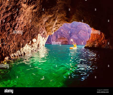 Kayaking in Emerald Cave Colorado River, Black Canyon, Arizona Stock ...