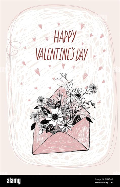 Happy valentine s day, envelope with flowers, hand drawing, cute pencil ...