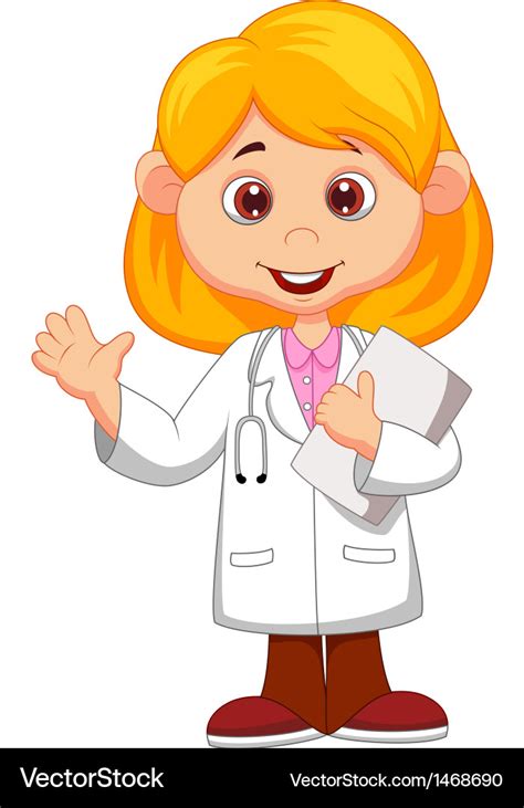 Cute little female doctor cartoon waving hand Vector Image