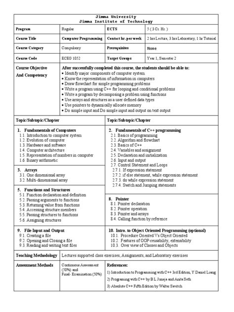 Jimma University Course Outline | PDF | C++ | Pointer (Computer Programming)