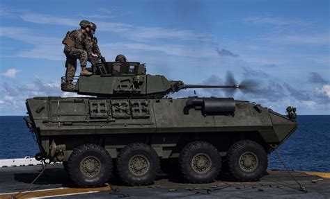 Marine LAV-25 vehicle fires a M242 Bushmaster 25mm chain gun during a drill aboard the USS Wasp ...