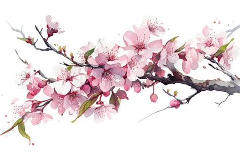 Watercolor Cherry Blossom Branch on White Background Stock Illustration - Illustration of branch ...