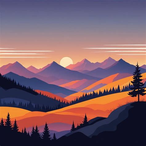 Premium Photo | Sunset mountain landscape silhouette flat illustration