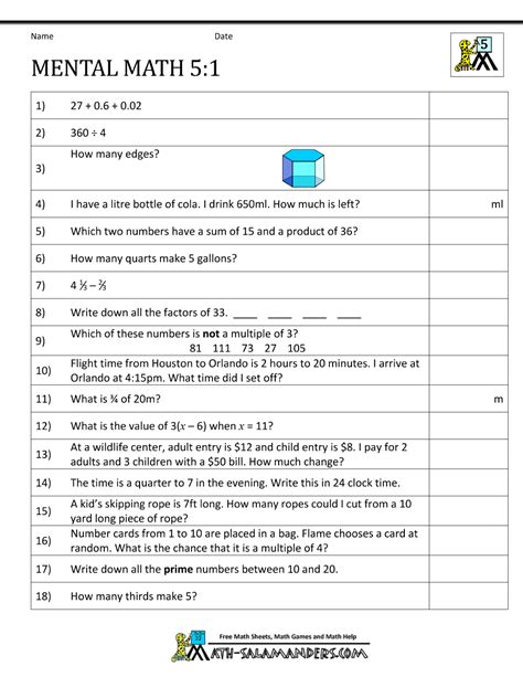 5th grade math challenge worksheets mental math 5th grade (free and awesome and a lot of them ...