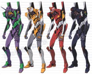 Full-body image of Eva-02 (along with other 2.0 Evas). Progressive knife.