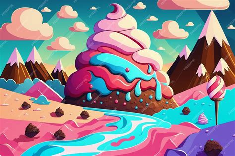 A cartoon illustration of a giant ice cream mountain with a mountain in ...