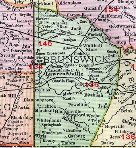 Brunswick County, Virginia, Map, 1911, Rand McNally, Lawrenceville ...