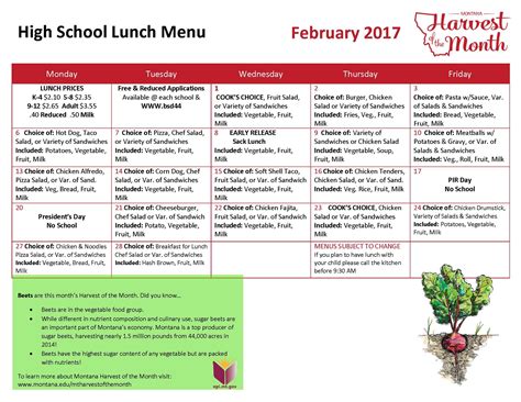 February 2017 High School Lunch Menu | School lunch menu, Lunch menu, Breakfast menu