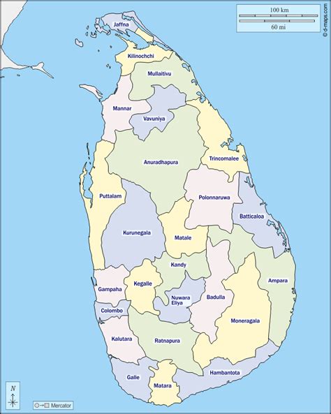 Sri Lanka free map, free blank map, free outline map, free base map districts, names, color