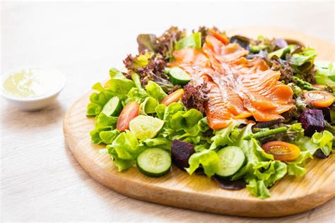 Raw Smoked salmon meat fish with fresh green vegetable salad 2267460 ...