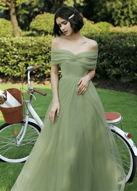 Gorgeous Sage Green Off Shoulder Soft Tulle Long Bridesmaid Dress | Prom dresses, Ball dresses ...