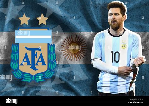 Lionel Messi, the flag of Argentina and the shield of the Argentine Football Association (AFA ...