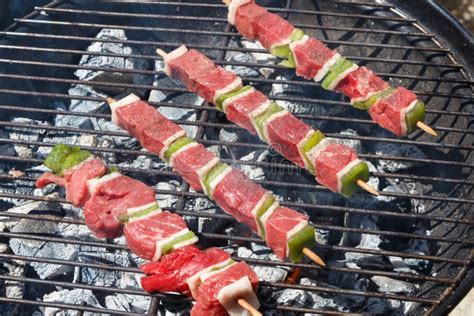 Beef brochette on barbecue stock photo. Image of embers - 140561196