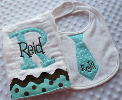 Set of ONE Appliqued Neck Tie BiB and ONE Personalized BuRP CLoTH embroidered with baby boys ...