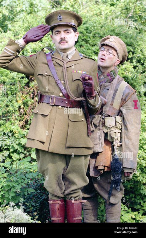 Cast of Blackadder Goes Forth in costume for photocall Black Adder Rowan Atkinson Baldrick Tony ...