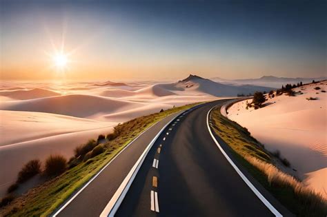 Premium AI Image | A road with a sunset in the background