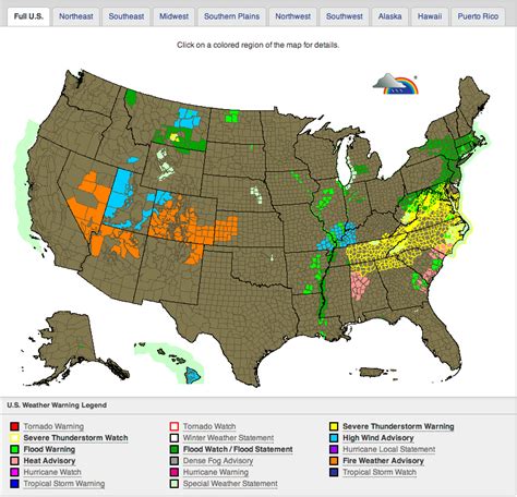 This map shows county level weather warnings and advisories for the United States.