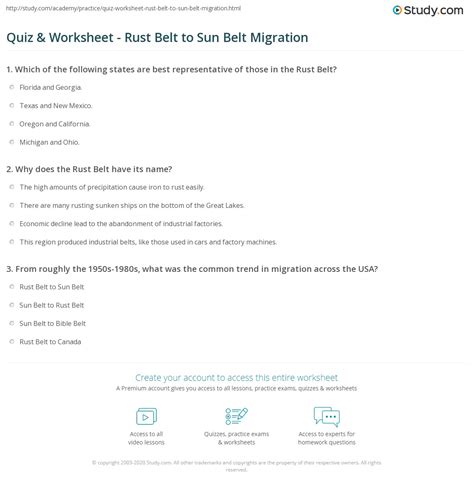 Quiz & Worksheet - Rust Belt to Sun Belt Migration | Study.com