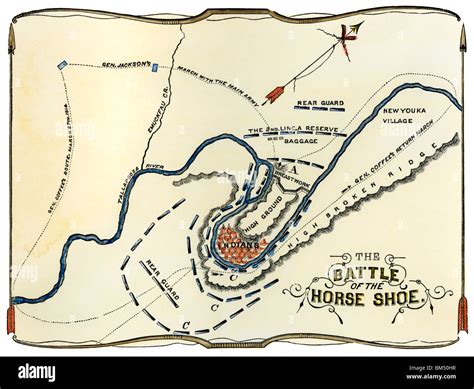 Diagram of the Battle of Horseshoe Bend in Alabama, War of 1812. Hand-colored woodcut Stock ...