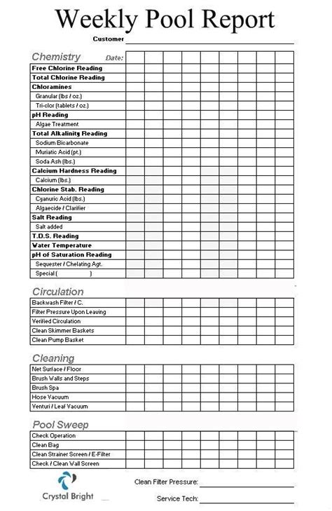 Printable Swimming Pool Maintenance Checklist