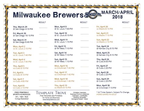 Printable Milwaukee Brewers Schedule