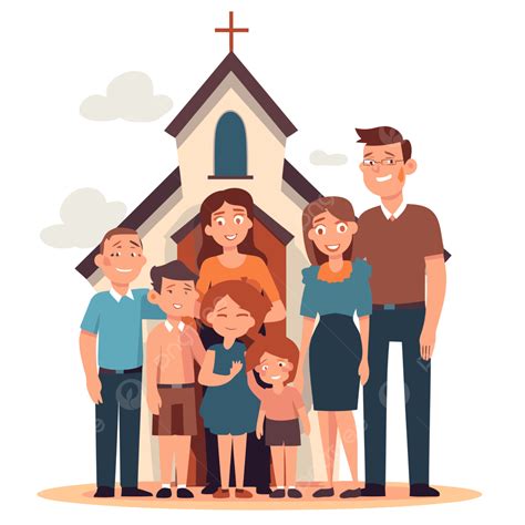 Family Church Vector, Sticker Clipart Cartoon Family In Front Of Church With Smiling Faces ...