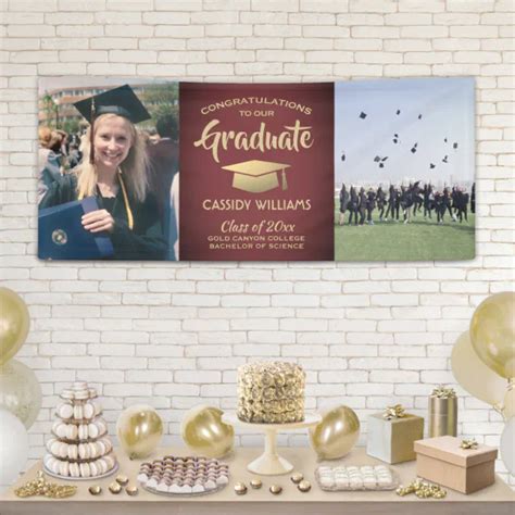 Congrats 2 Photo Burgundy Red and Gold Graduation Banner | Zazzle