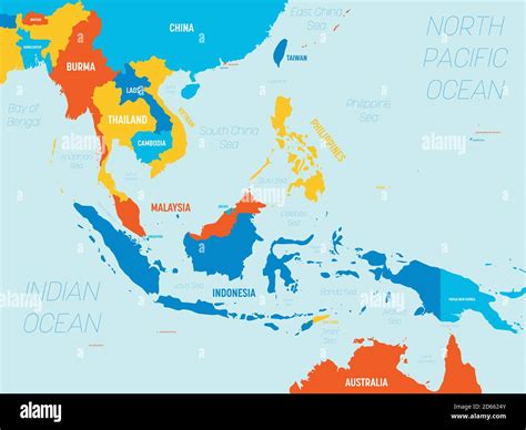 Southeast Asia map - 4 bright color scheme. High detailed political map ...