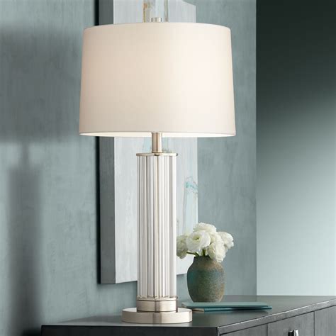 Vienna Full Spectrum Modern Table Lamp Brushed Nickel Crystal Glass Rod Column White Drum Shade ...