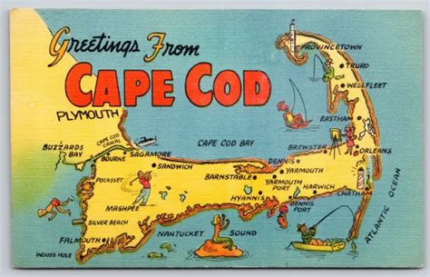 MAP OF CAPE Cod MA Peninsula~Cape Cod Bay~Beaches~Lighthouses~Vintage Linen PC $3.70 - PicClick