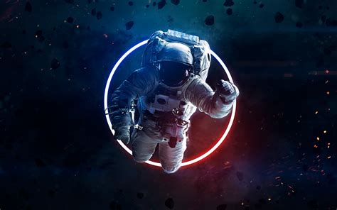 Astronaut Wallpaper 4K, Neon light, Asteroids, Space suit