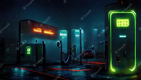 Premium Photo | Gas station with led lit columns on roadside at night