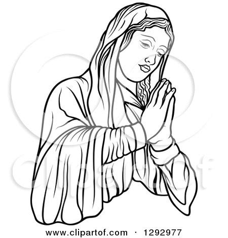 Clipart of a Black and White Praying Virgin Mary, Facing Right ...