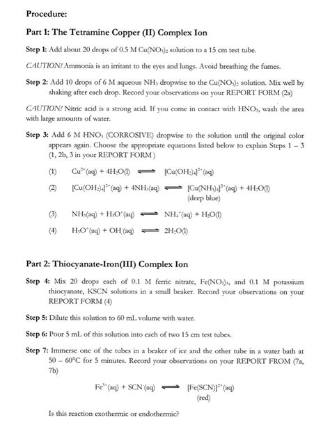 Procedure: Part 1: The Tetramine Copper (II) Complex | Chegg.com