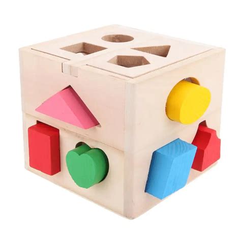 13 Holes Wooden Bricks Shape Sorter Cube Children Cognitive Matching ...