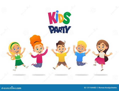 Kids Party Cartoon Background with Funny Company of Boys and Girls ...