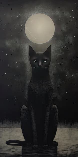 Premium AI Image | A black cat sits on a black background with the moon in the background.