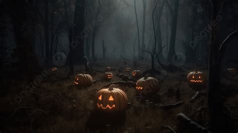 Halloween Pumpkins In Dark Forest Background, 3d Rendering Halloween ...