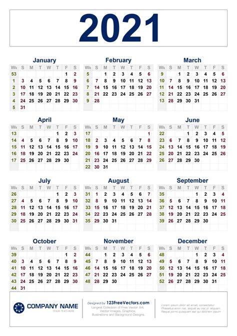 Free Free Download 2021 Calendar with Week Numbers Printable Yearly Calendar, Excel Calendar ...