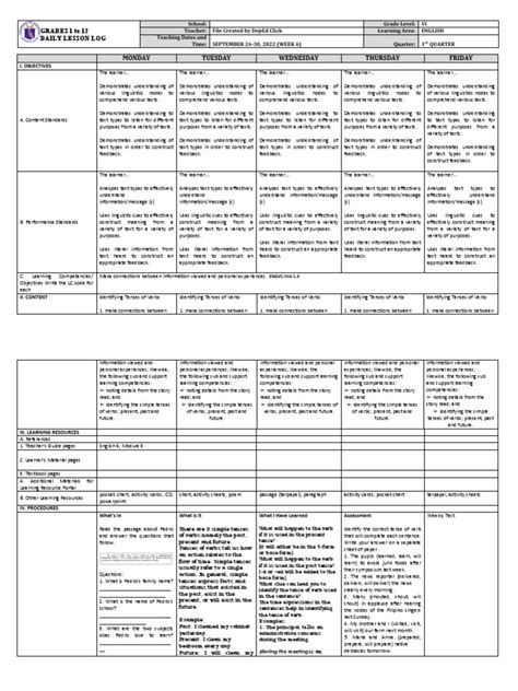 DLL - English 6 - Q1 - W6 | PDF | Verb | Grammatical Tense