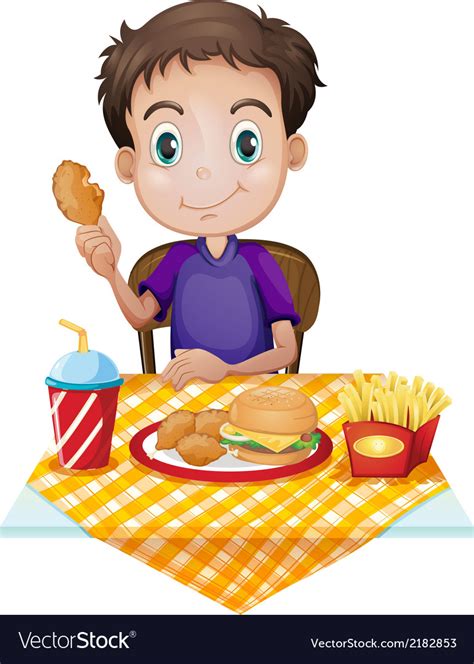 A young boy eating in a fastfood restaurant Vector Image