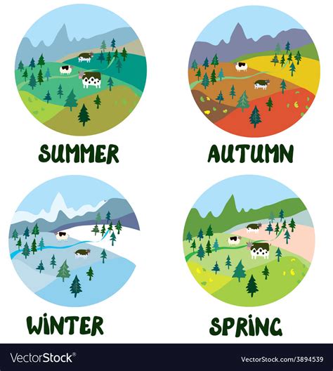 Farm rural landscape in four seasons Royalty Free Vector