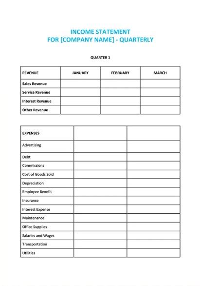 Quarterly Income Statement Template – PreWrite