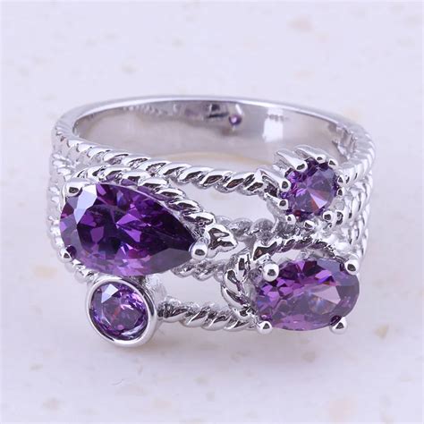 Stylish Purple Crystal Silver Color Rings For Women Party Wedding Cheap Trend Fashion Jewelry ...