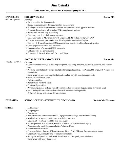 Foreman Resume Samples | Velvet Jobs