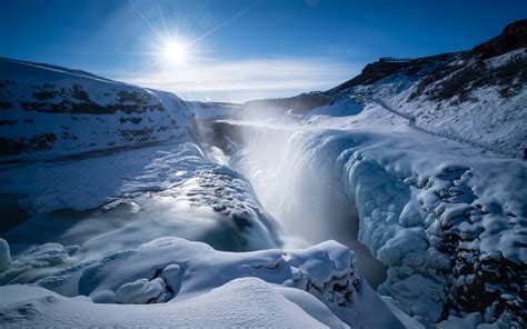 Gullfoss falls, waterfall, thick snow, sunshine, winter, Iceland ...