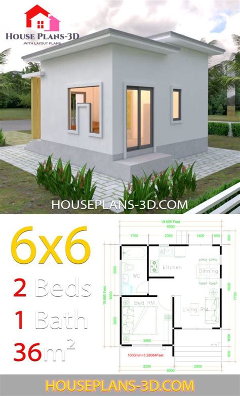 House Plans 6x6 with One Bedrooms Flat Roof - House Plans 3D | Flat roof house, One bedroom ...