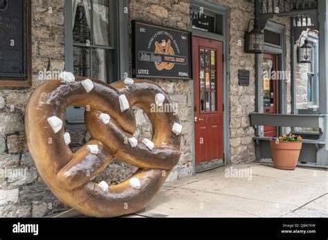 Lititz, PA, USA - May 2, 2022: A large pretzel sign at the Julius ...